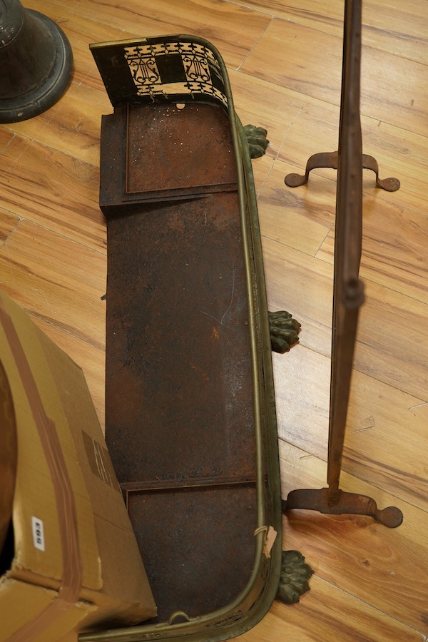 A collection of Victorian copper and fireside accessories, 96cm wide. Condition - varies